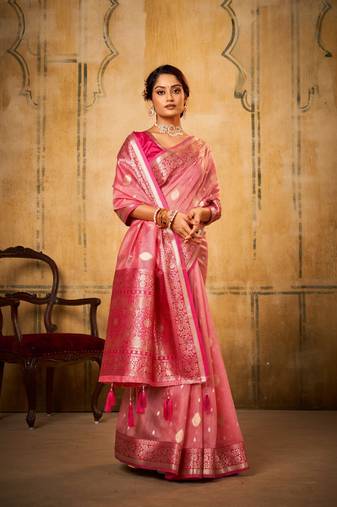 Pink soft tusser silk with kalamkari weaving saree with blouse