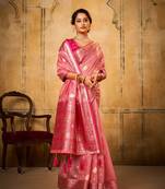 Pink soft tusser silk blend with kalamkari weaving saree with blouse