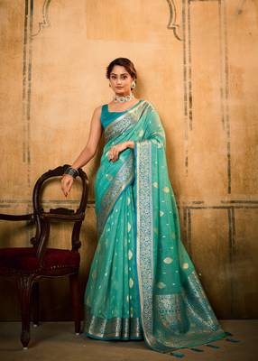 Turquoise soft tusser silk blend with kalamkari weaving saree with blouse 1