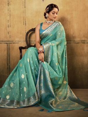Turquoise soft tusser silk blend with kalamkari weaving saree with blouse 2