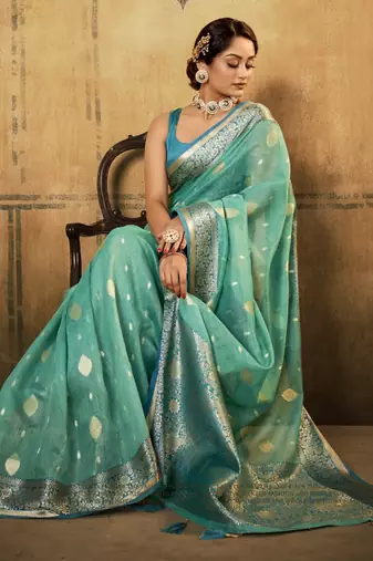 Turquoise soft tusser silk blend with kalamkari weaving saree with blouse