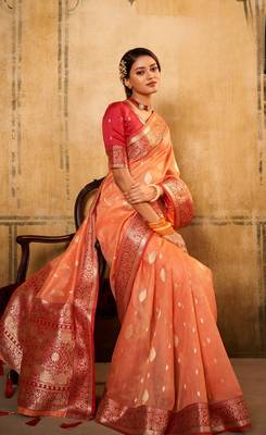 Orange soft tusser silk blend with kalamkari weaving saree with blouse 1