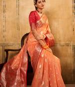 Orange soft tusser silk blend with kalamkari weaving saree with blouse