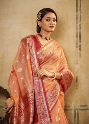 Orange soft tusser silk blend with kalamkari weaving saree with blouse 2
