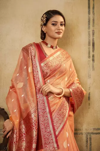Orange soft tusser silk blend with kalamkari weaving saree with blouse