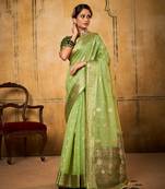 Green soft tusser silk blend with kalamkari weaving saree with blouse