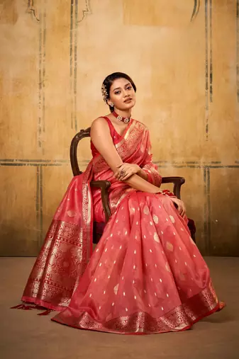 Red soft tusser silk with kalamkari weaving saree with blouse
