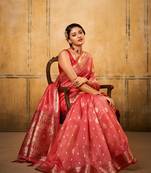 Red soft tusser silk blend with kalamkari weaving saree with blouse