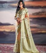 Beige pure sattin silk with zari weaving saree with blouse