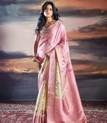 Light baby pink pure sattin silk with zari weaving saree with blouse