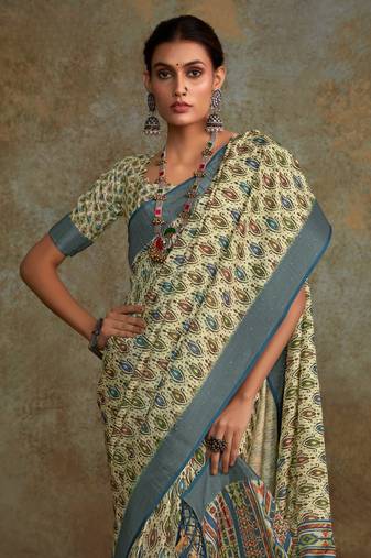 Pear  soft handloom silk blend with zari weaving saree with blouse