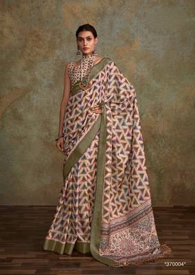 Cream soft handloom silk blend with zari weaving saree with blouse 1