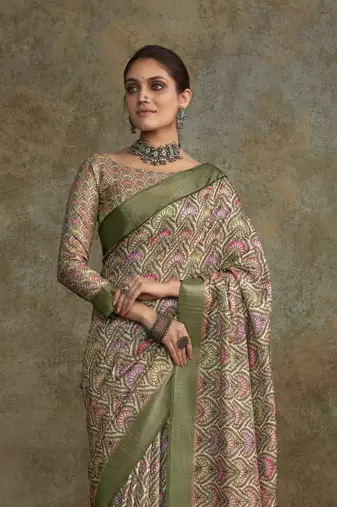 Green soft handloom silk blend with zari weaving saree with blouse