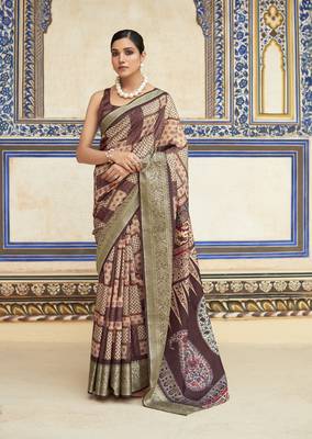 Brown dola viscose with topclass print saree with blouse 1