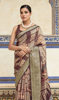 Brown dola viscose with topclass print saree with blouse 2