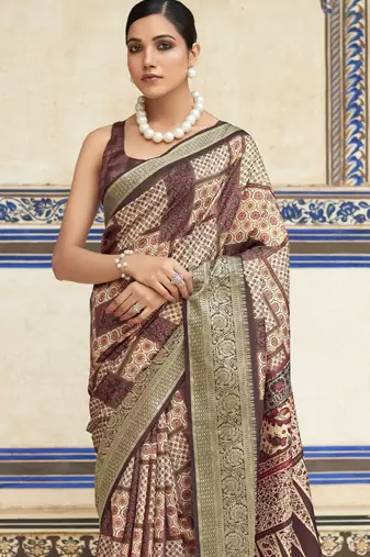 Brown dola viscose with topclass print saree with blouse
