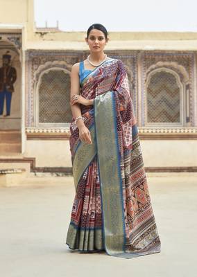 Blue dola viscose with topclass print saree with blouse 1
