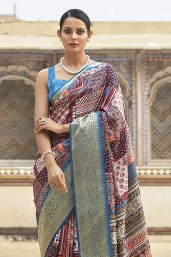 Blue dola viscose with topclass print saree with blouse