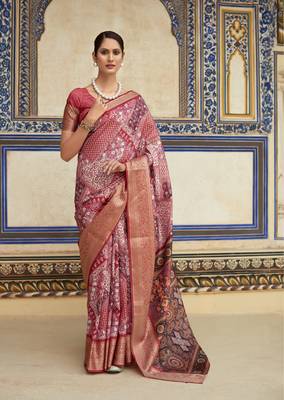 Red dola viscose with topclass print saree with blouse 1