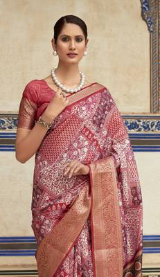 Red dola viscose with topclass print saree with blouse 2