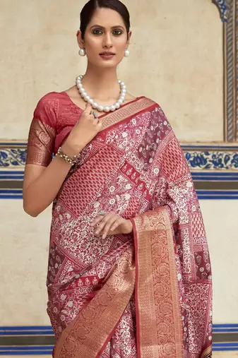 Red dola viscose with topclass print saree with blouse