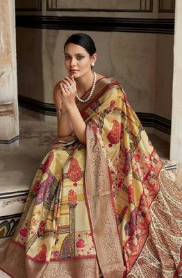 Yellow dola viscose with topclass print saree with blouse 1