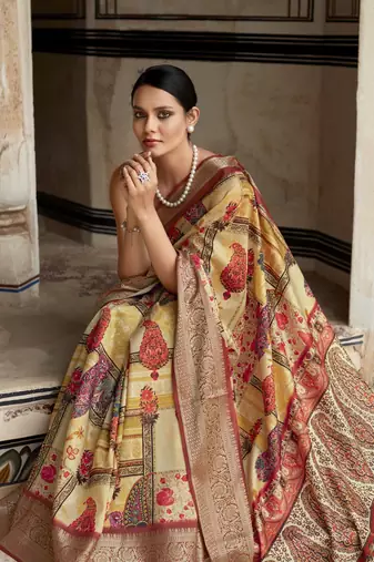 Yellow dola viscose with topclass print saree with blouse