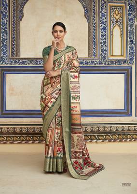 Dark green dola viscose with topclass print saree with blouse 1