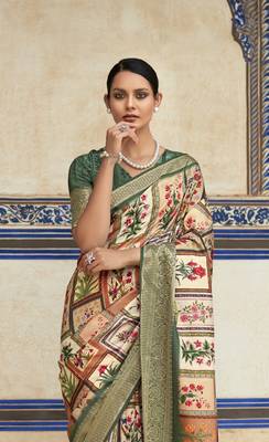 Dark green dola viscose with topclass print saree with blouse 2