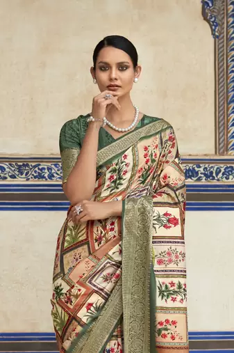 Dark green dola viscose with topclass print saree with blouse