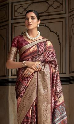 Maroon dola viscose with topclass print saree with blouse 2
