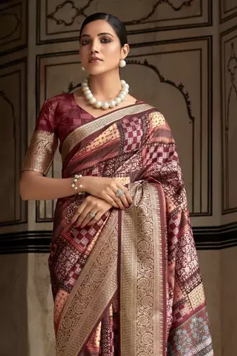 Maroon dola viscose with topclass print saree with blouse