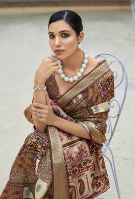 Dark brown dola viscose with topclass print saree with blouse 1