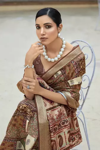 Dark brown dola viscose with topclass print saree with blouse