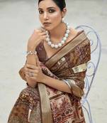 Dark brown dola viscose with topclass print saree with blouse