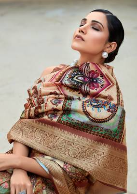 Dark brown dola viscose with topclass print saree with blouse 3