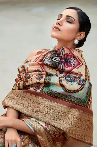 Dark brown dola viscose with topclass print saree with blouse