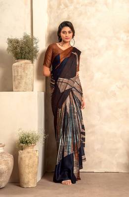 Brown soft sattin silk blend with zari weaving saree with blouse 1
