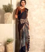 Brown soft sattin silk blend with zari weaving saree with blouse