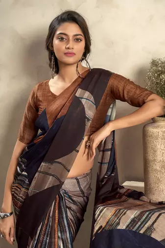 Brown soft sattin silk blend with zari weaving saree with blouse
