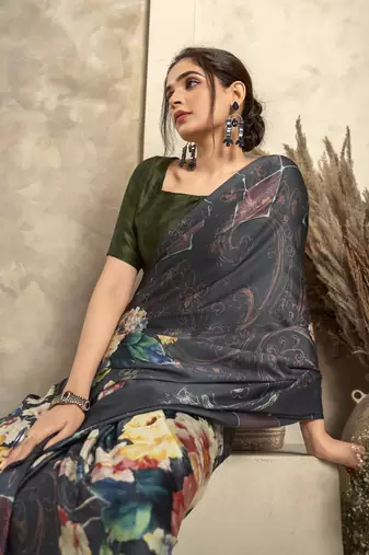 Black soft sattin silk blend with zari weaving saree with blouse