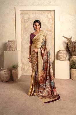 Dark cream soft sattin silk blend with zari weaving saree with blouse 1