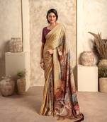 Dark cream soft sattin silk blend with zari weaving saree with blouse