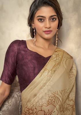 Dark cream soft sattin silk blend with zari weaving saree with blouse 2