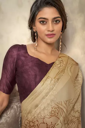 Dark cream soft sattin silk blend with zari weaving saree with blouse