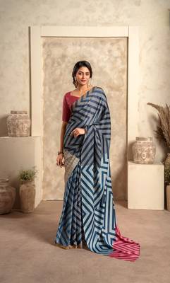Dark navy blue soft sattin silk blend with zari weaving saree with blouse 1