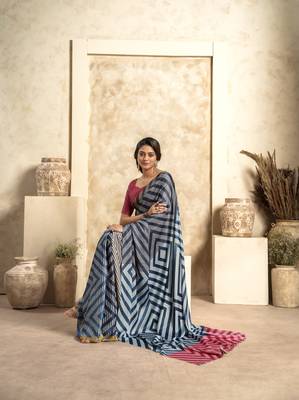 Dark navy blue soft sattin silk blend with zari weaving saree with blouse 2
