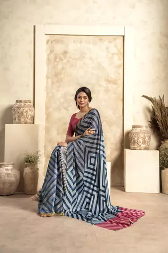 Dark navy blue soft sattin silk blend with zari weaving saree with blouse