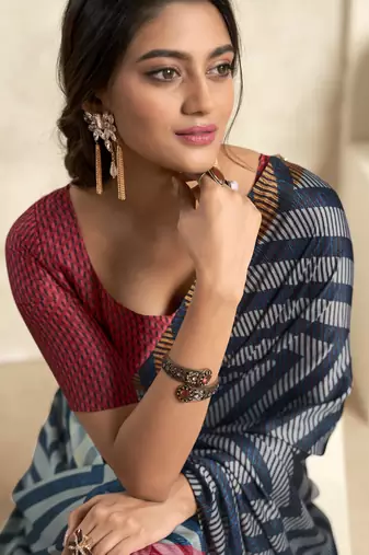 Dark navy blue soft sattin silk blend with zari weaving saree with blouse