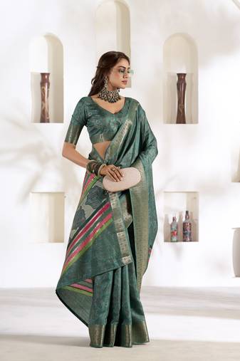 Dark turquoise soft dola silk blend with foil print saree with blouse